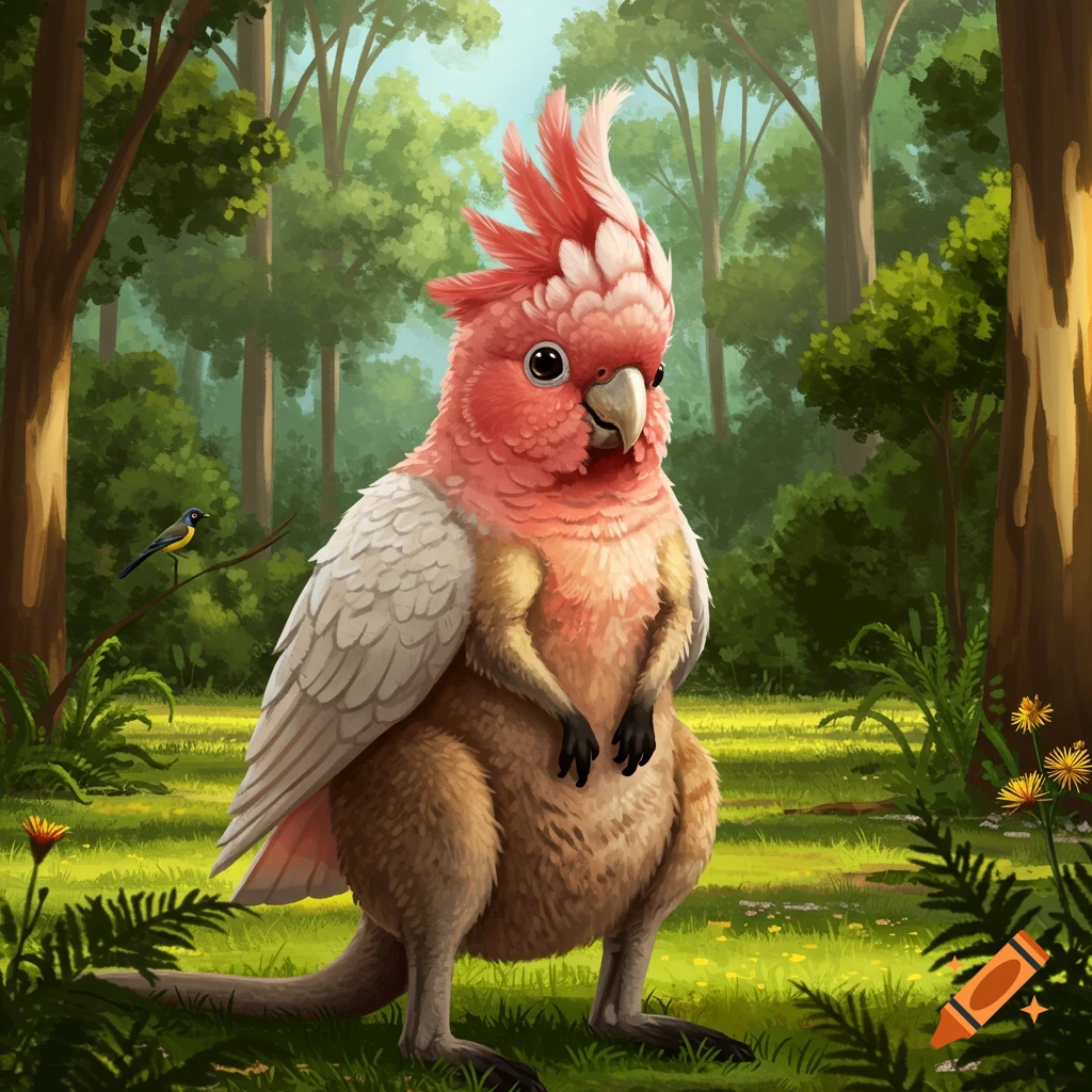A pink and white cockatoo-wallaby hybrid stands in a lush green forest, looking apologetic. A small bird perches on a branch.