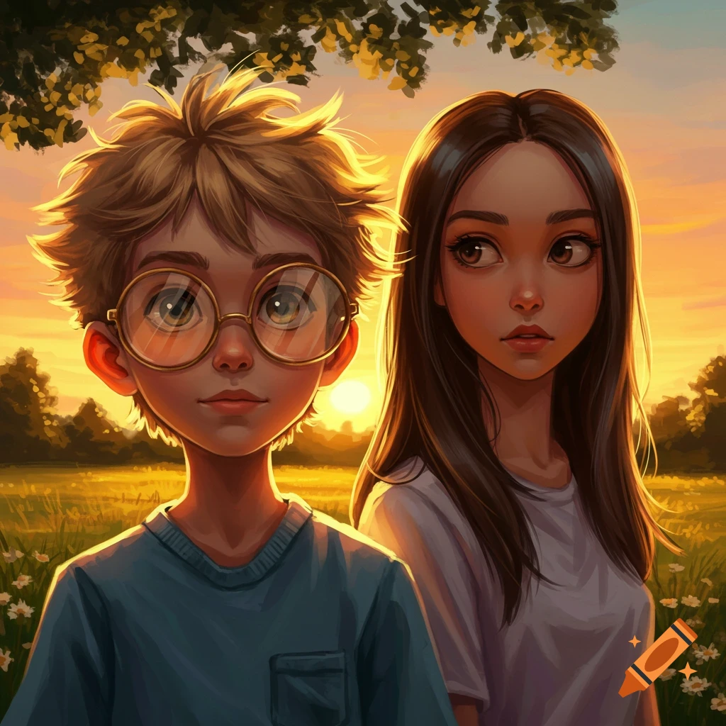 Cartoon-style illustration of a blonde boy with round glasses and a brunette girl standing in a sunlit field at sunset.