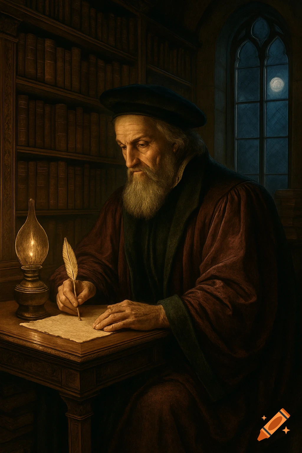 A bearded man in a dark robe and cap writes with a quill by lamplight in a candlelit library, with a moonlit window.