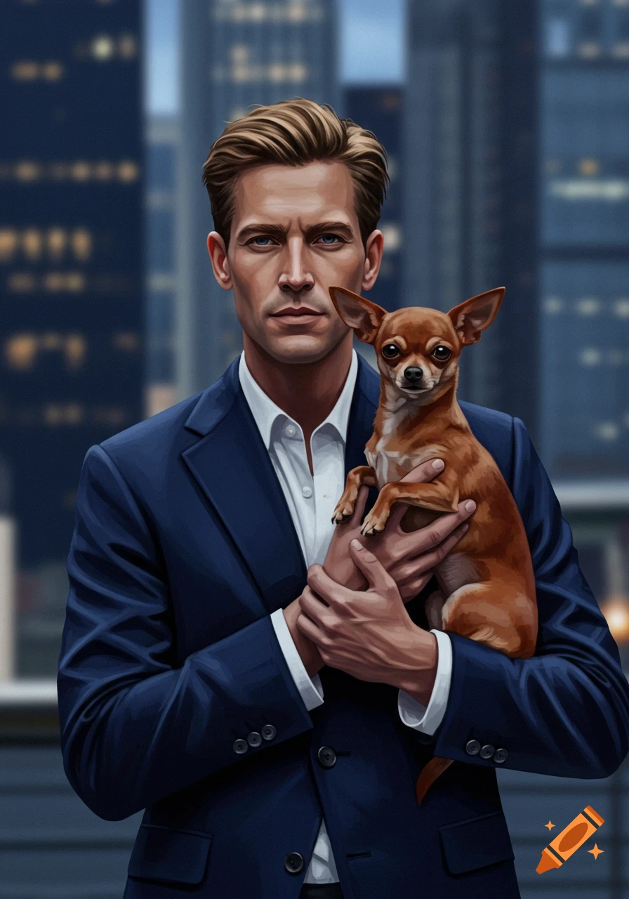 Illustrated portrait of a man in a dark suit holding a small red chihuahua against a blurred city skyscraper background.