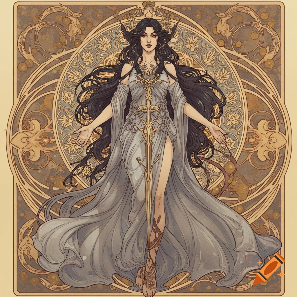 Art Nouveau illustration of a dark-haired goddess in a flowing grey dress with golden adornments, against an ornate circular background.