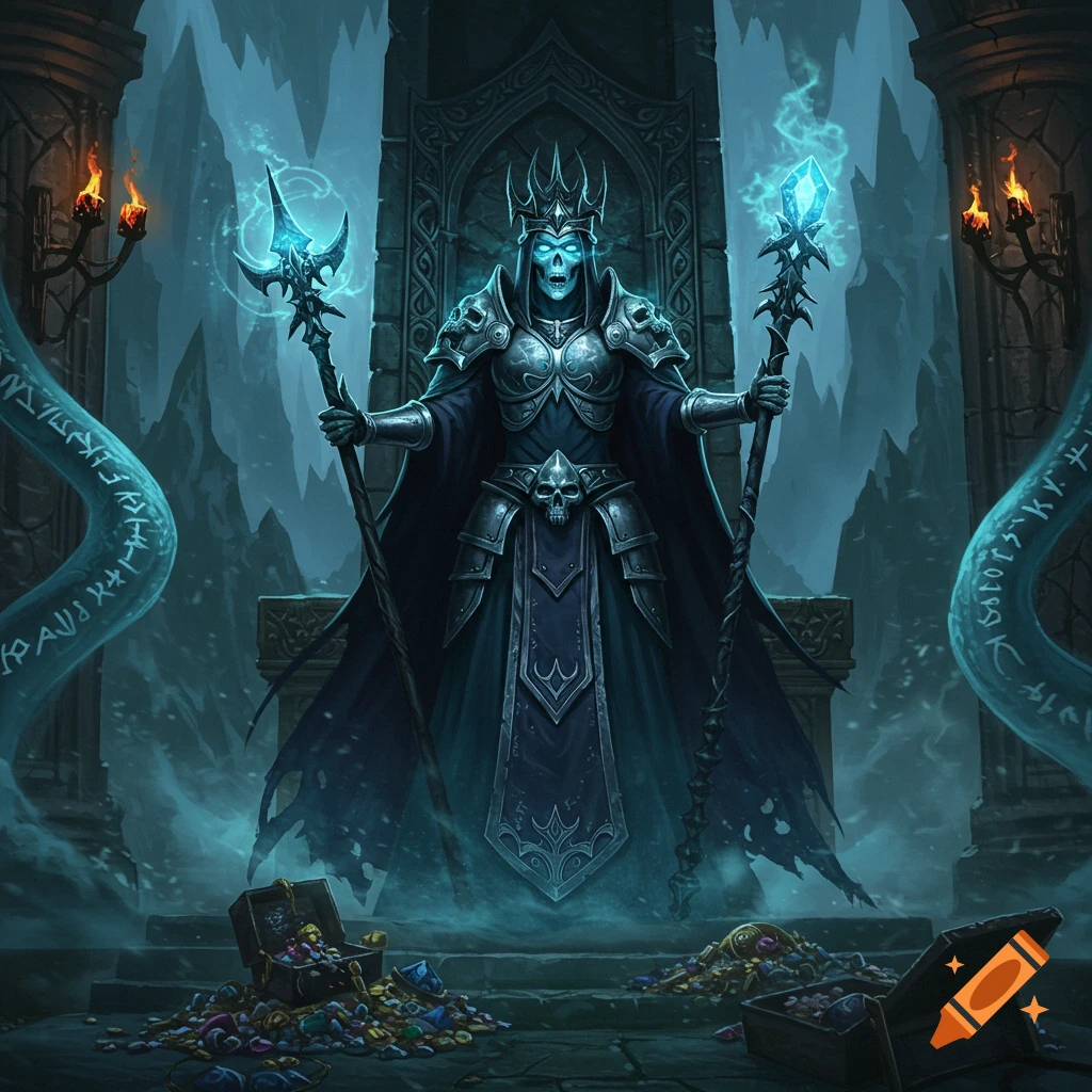 A skeletal lich queen in ornate armor and a crown sits on a stone throne, holding two glowing blue staffs in a dark, misty cavern filled with treasure.