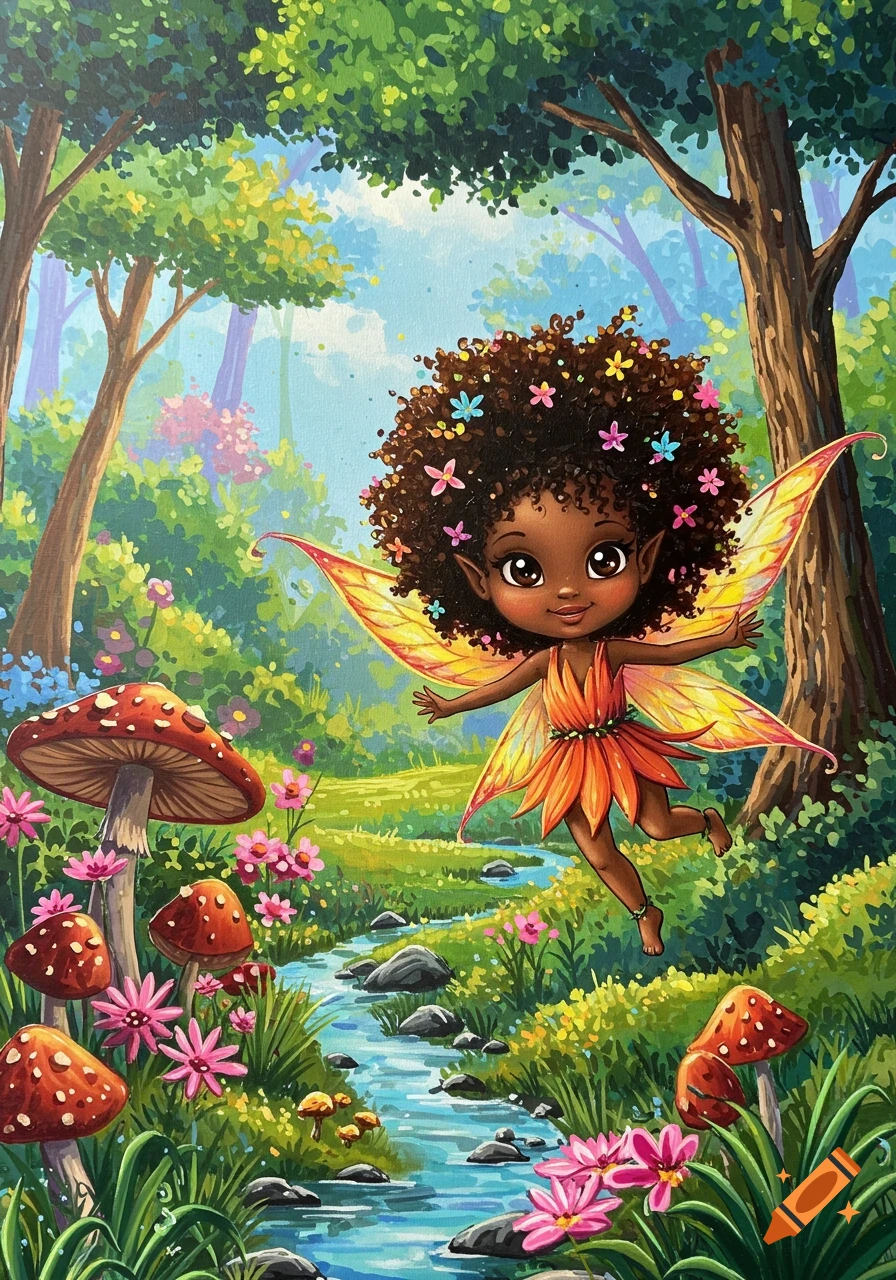 Vibrant cartoon African American chibi fairy with flowery wings flies in a whimsical forest with a stream and mushrooms.