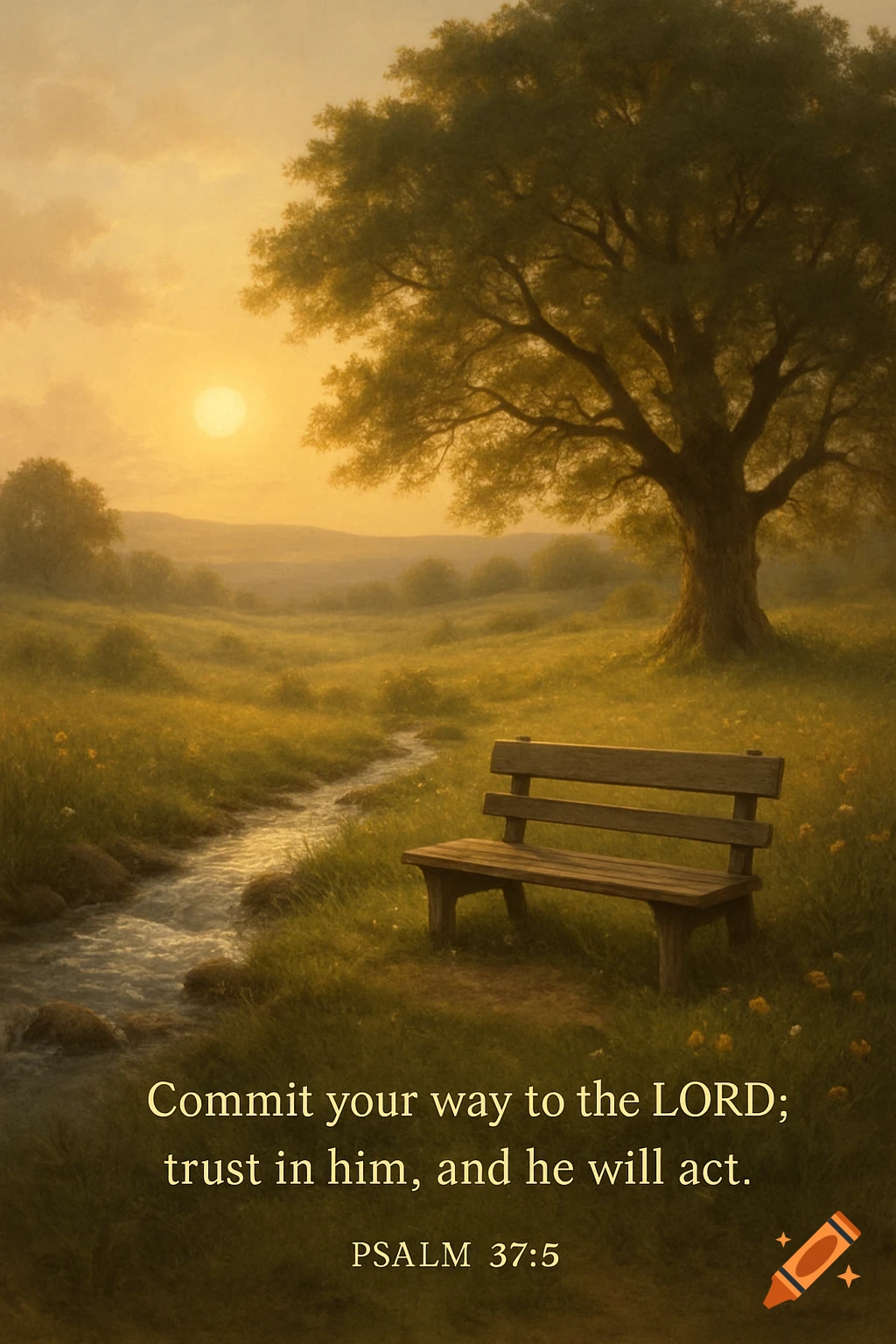 A serene, golden-hour landscape featuring a large tree, a winding stream, and a wooden bench with a Bible verse.