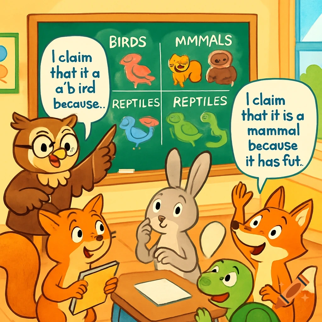 Cartoon owl teacher and animal students in a classroom learning animal classification from a blackboard.