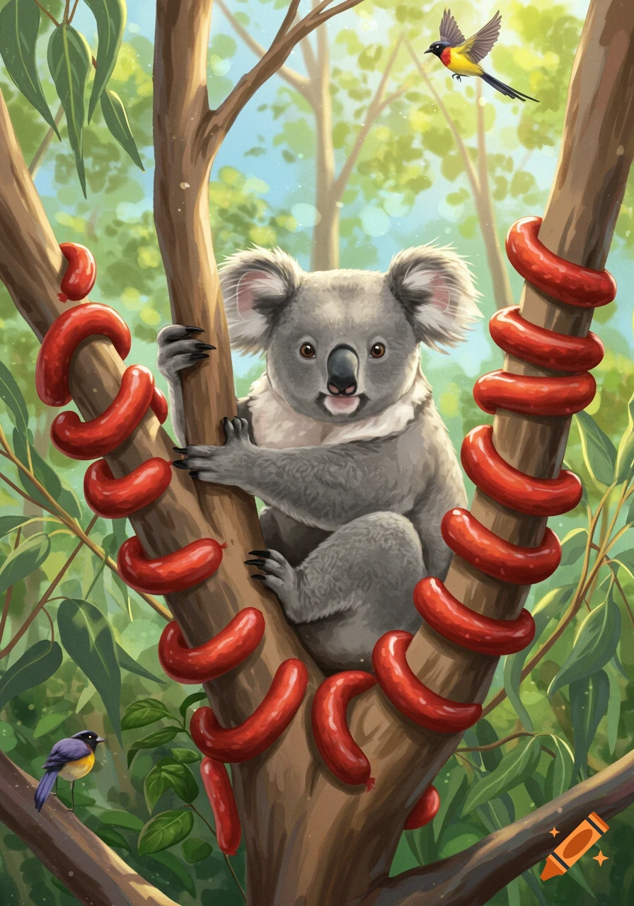 A cute, cartoon koala sits in a eucalyptus tree with red sausages wrapped around the branches, while two small birds fly and perch nearby.