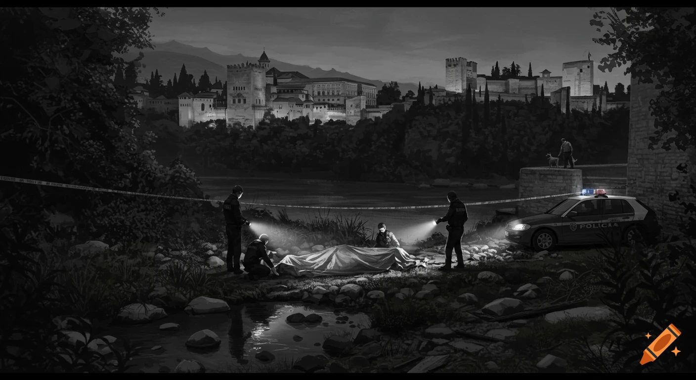 Monochrome illustration of a dark crime scene at night. Police investigate a covered body by a river with a car and the Alhambra in the background.