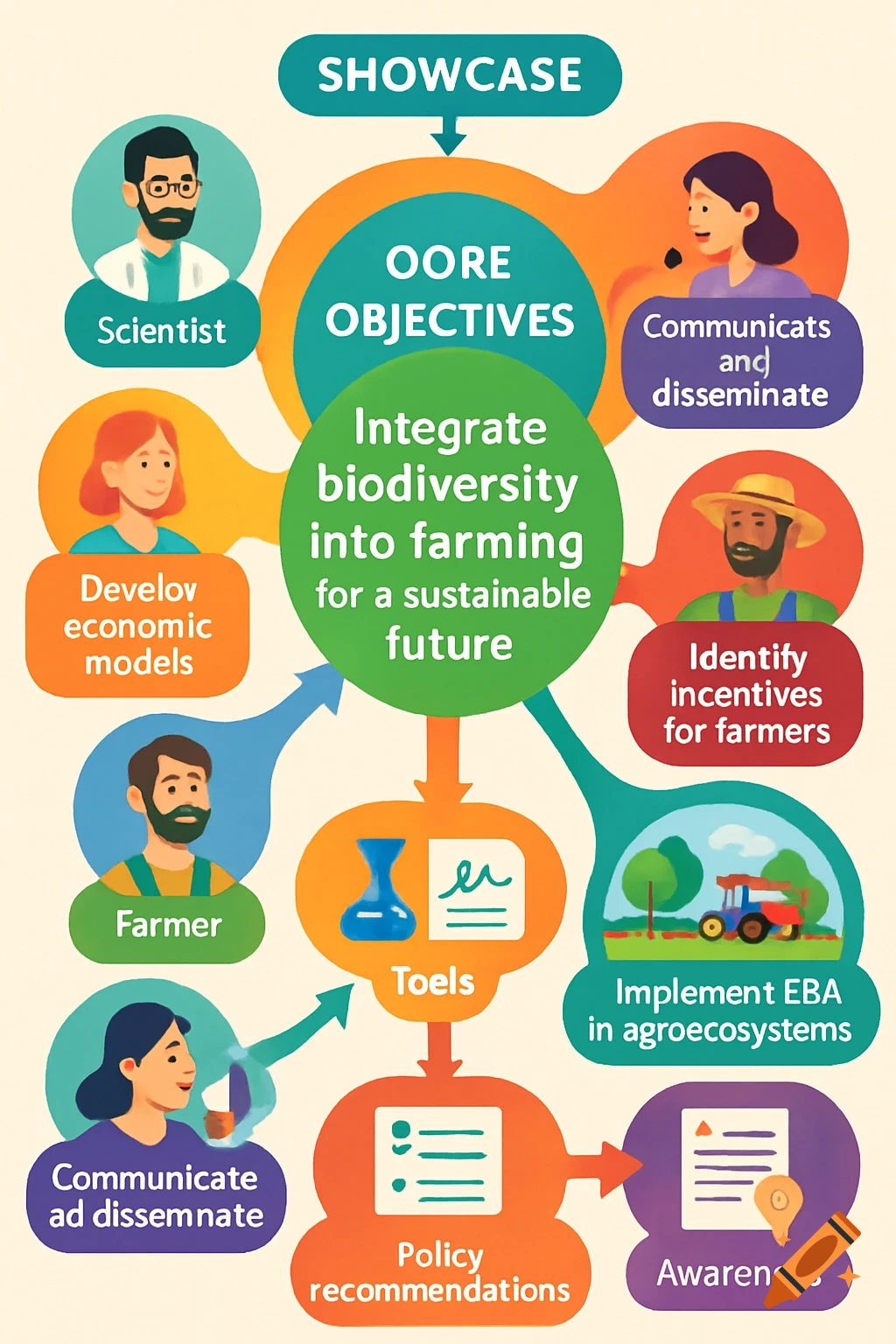 A colorful infographic illustrating a sustainable agriculture project, showing objectives, actors like scientists and farmers, and outputs.