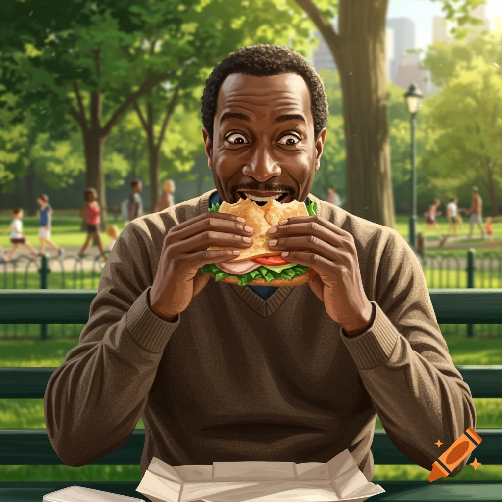 A Black man with wide eyes enthusiastically bites into a large sandwich in a sunny park.