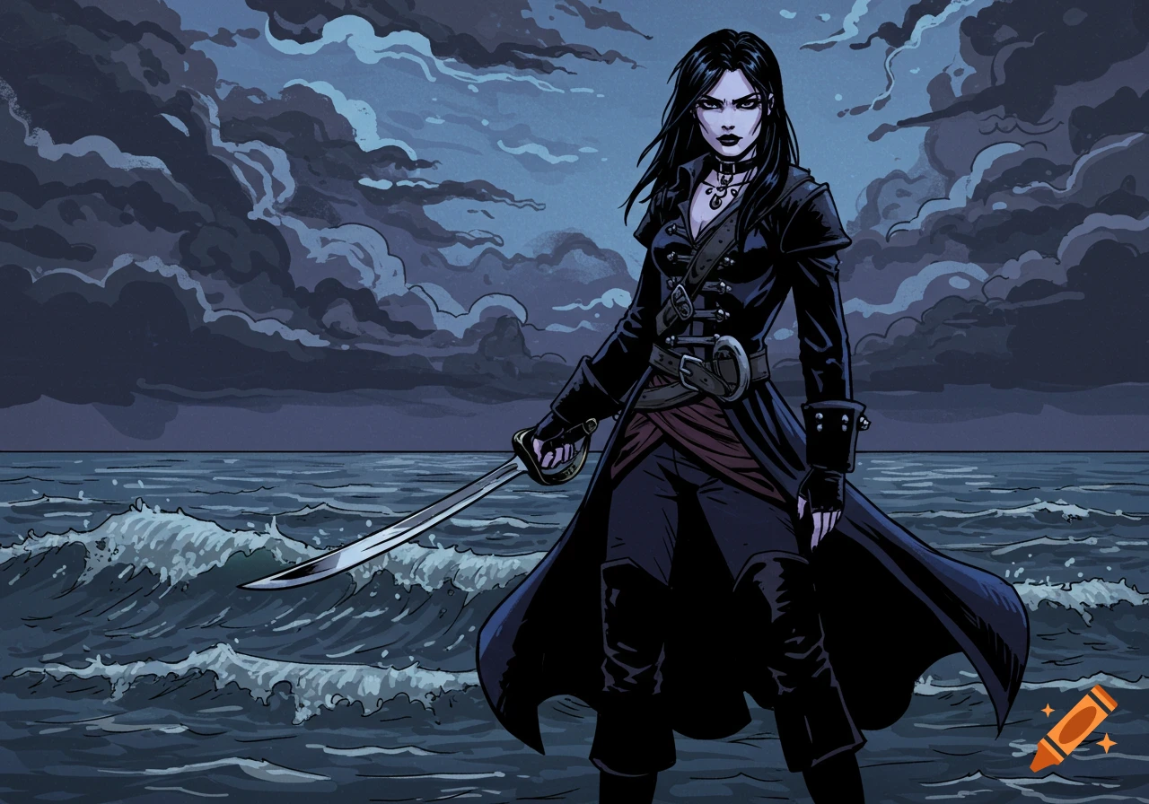 A comic book style painting of a goth pirate woman with a cutlass, standing by a turbulent sea under a cloudy sky.