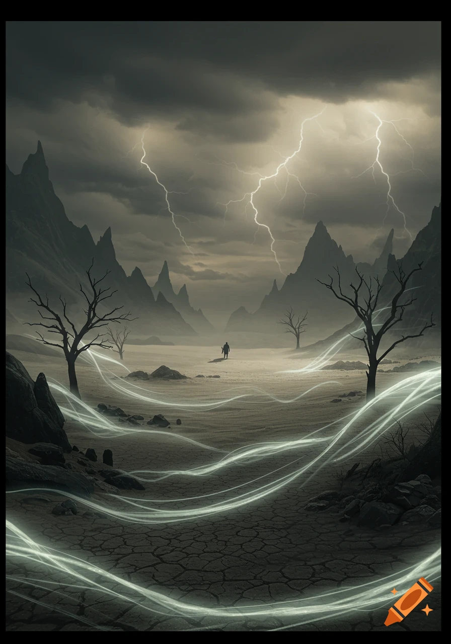 Fantasy art of a desolate ashen desert under a stormy sky with lightning, bare trees, glowing lines, and a distant lone figure.