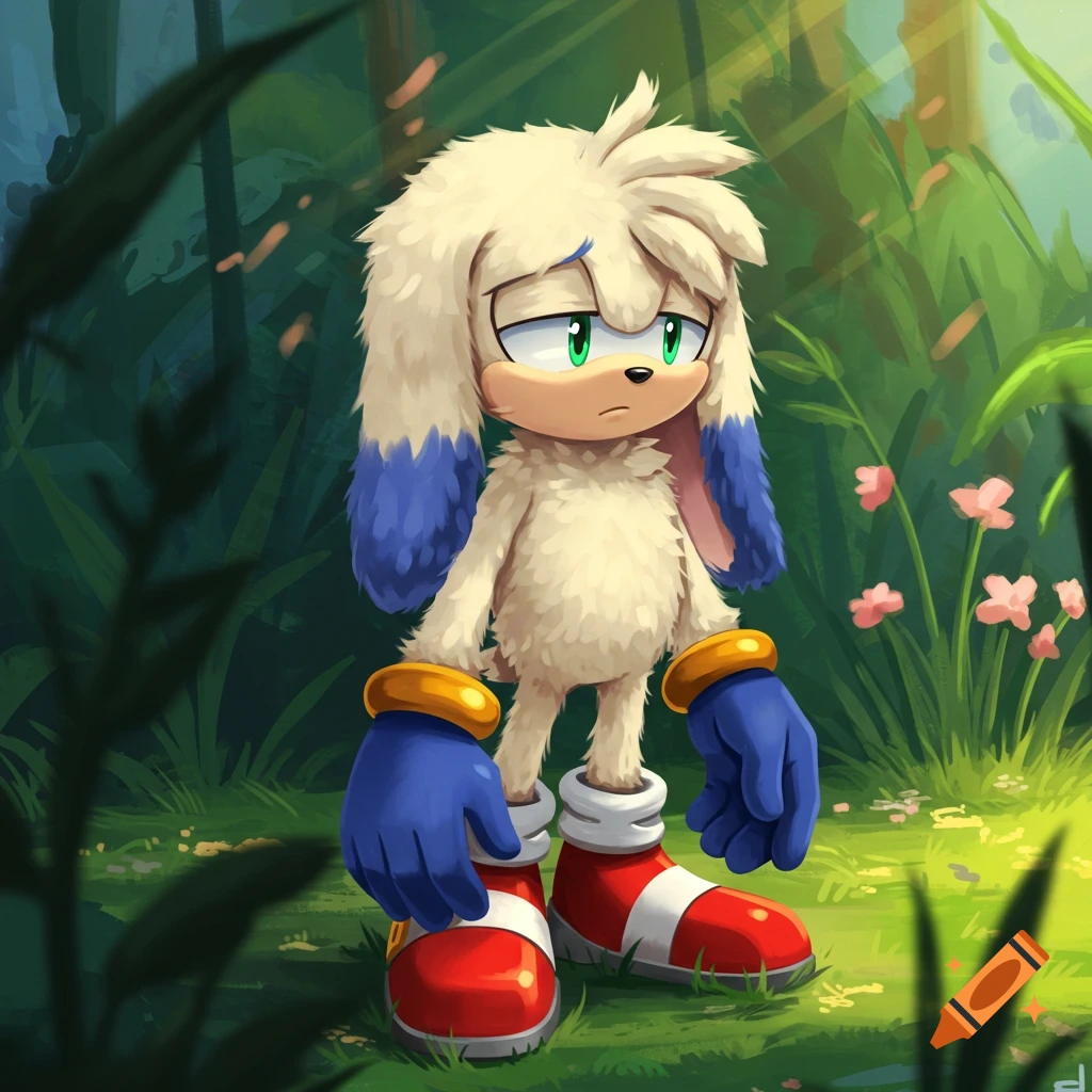 A sad, fluffy, cream and indigo anthropomorphic rabbit character stands in a lush green jungle.