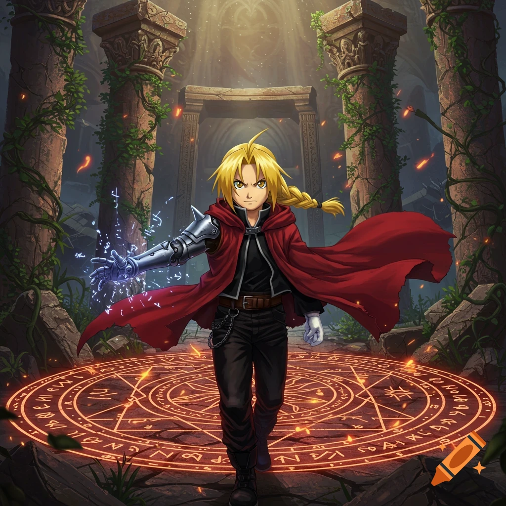 An anime character with blonde hair, red cape, and silver automail arm stands on a glowing alchemical circle in ancient ruins, casting magic.