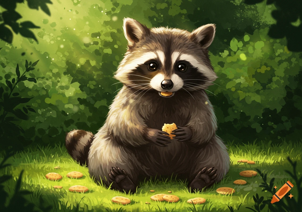 A cute, fluffy cartoon raccoon sits in a forest clearing, holding a cracker and surrounded by more crackers.