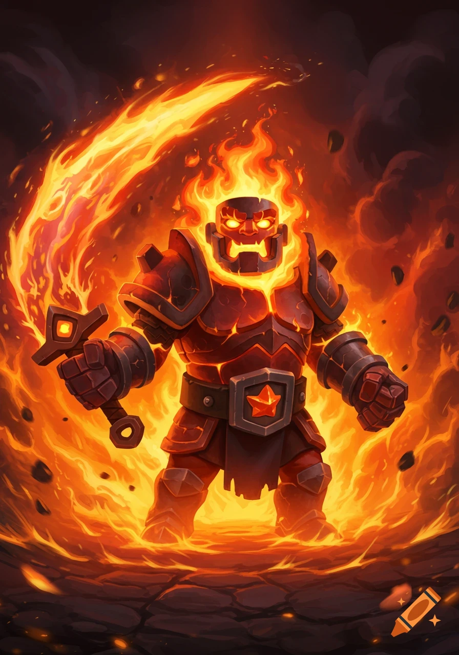 A stylized, armored lava and fire elemental with glowing eyes holds a flaming sword amidst a fiery background.