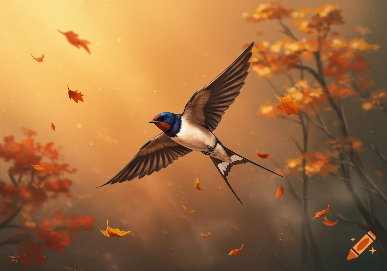 A colorful barn swallow flies gracefully with outstretched wings amidst falling autumn leaves and warm-toned trees, digital painting.