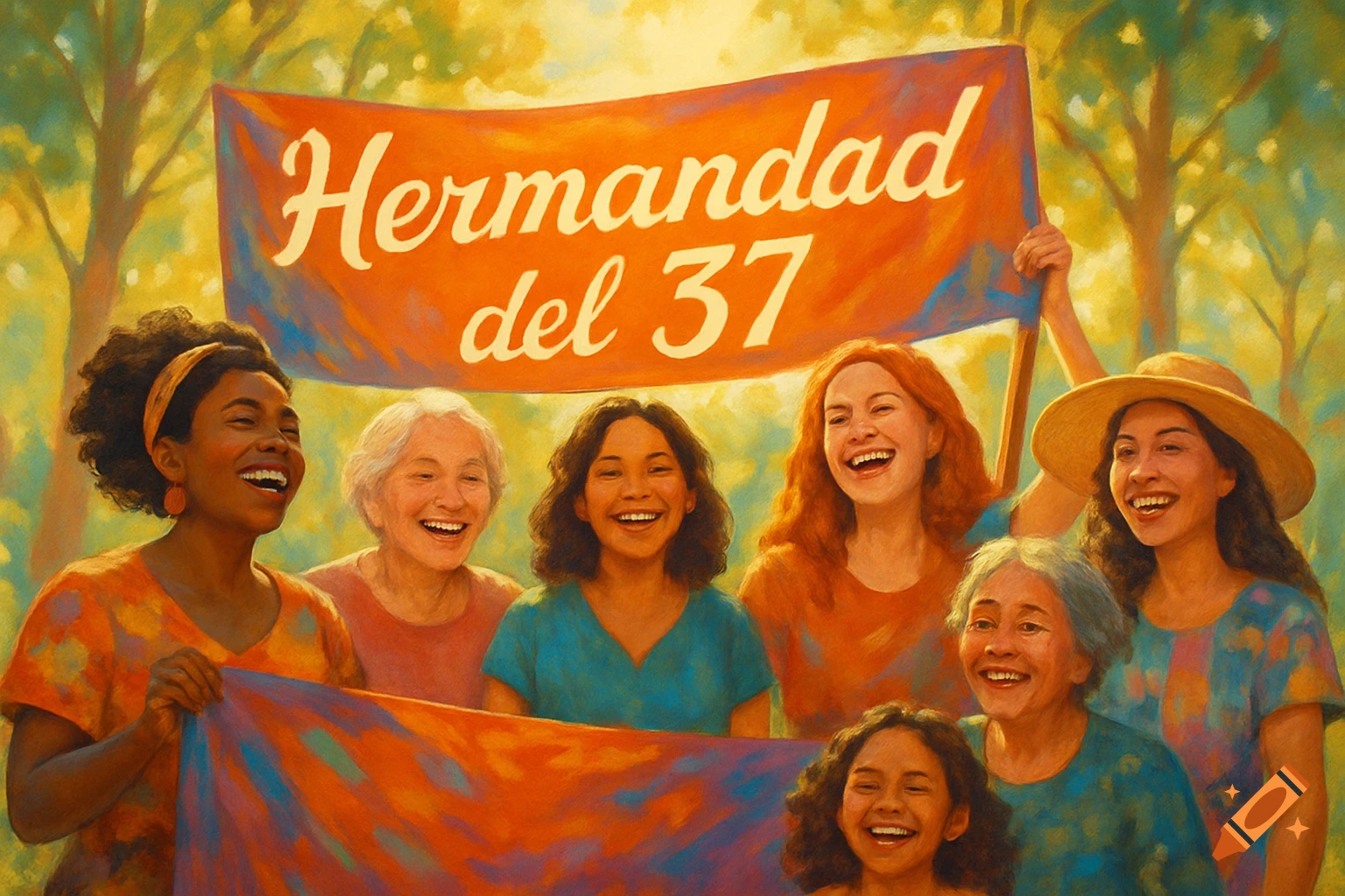 Painting of a diverse group of smiling women and a girl holding a banner that reads 'Hermandad del 37' outdoors.