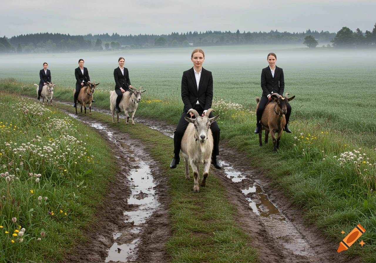 Several business women in suits ride small goats down a muddy path through a grassy field on a misty day, photorealistic.