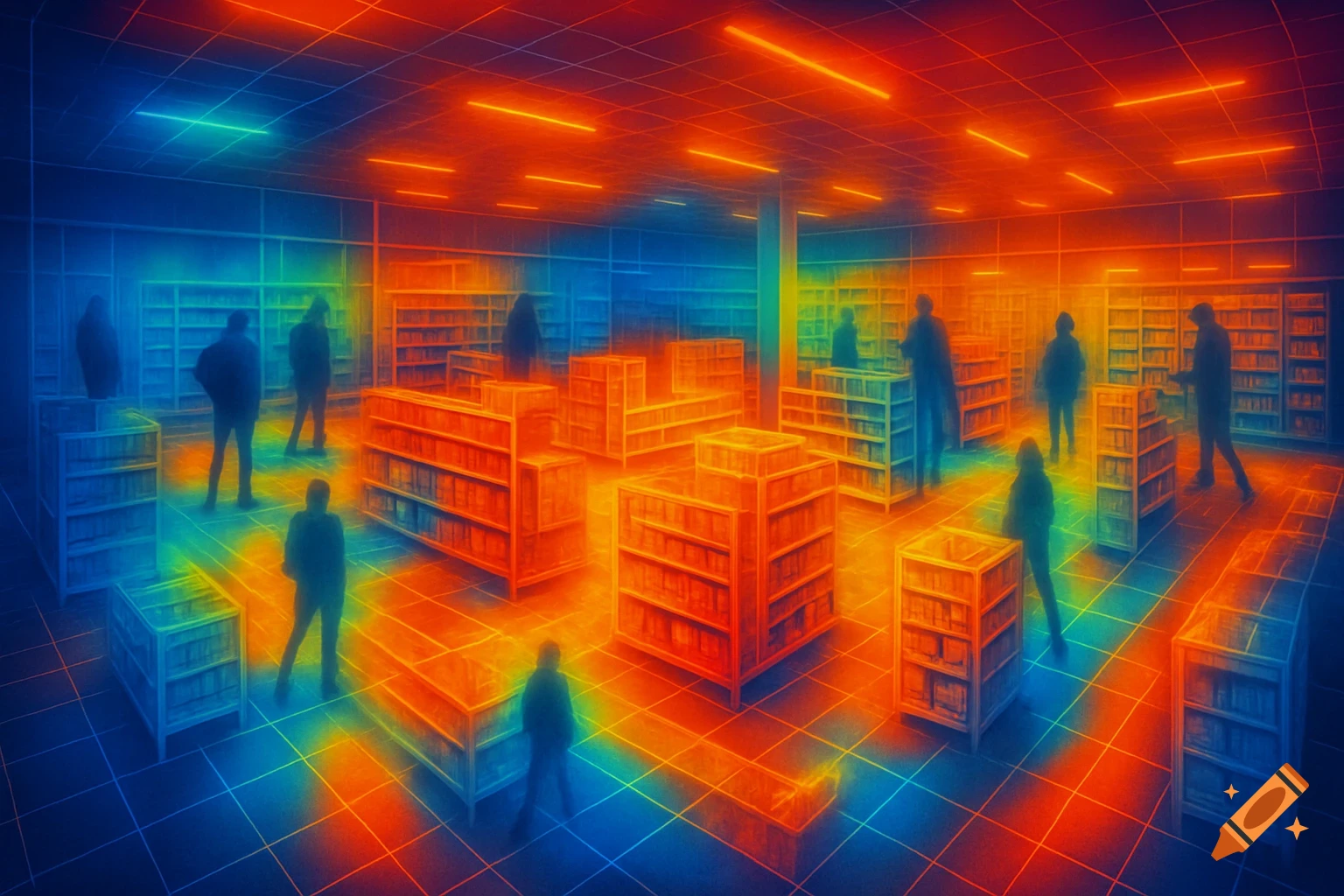 A conceptual heatmap rendering of people moving through a retail store or library, glowing with red, orange, and blue colors.