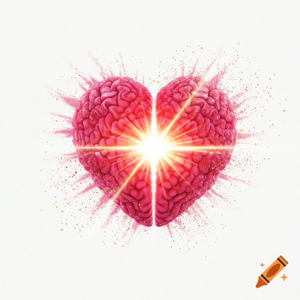 A vibrant pink brain shaped as a heart emits a bright golden light from its center, surrounded by shimmering dust on a white background.