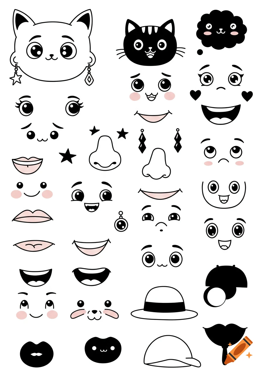 A collection of kawaii style black and white cartoon facial features and accessories, including eyes, mouths, noses, cat heads, hats, and earrings.