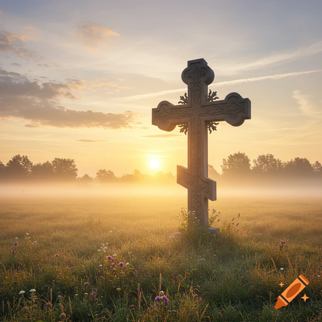 An ornate Orthodox cross stands in a misty field at sunrise, with trees silhouetted in the background.