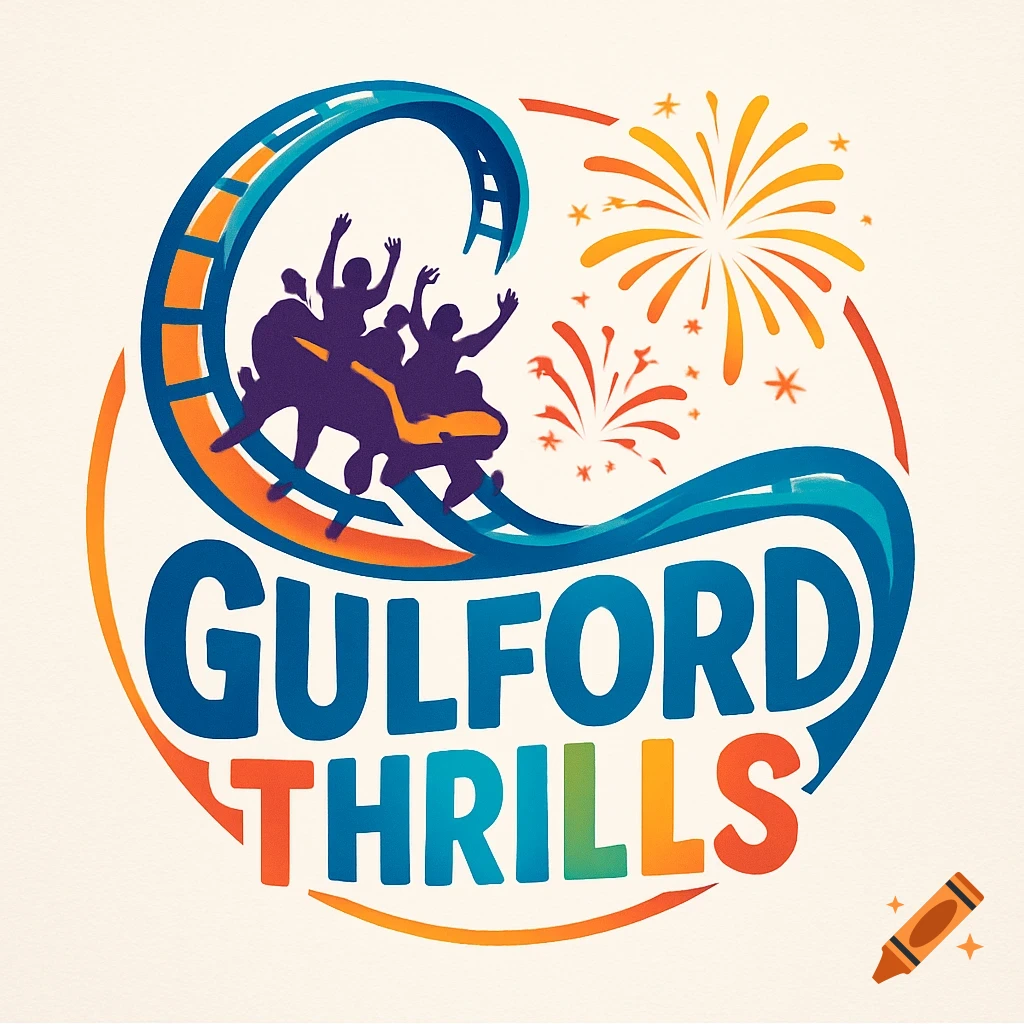 Colorful logo for Gulford Thrills featuring a roller coaster with cheering people and fireworks.