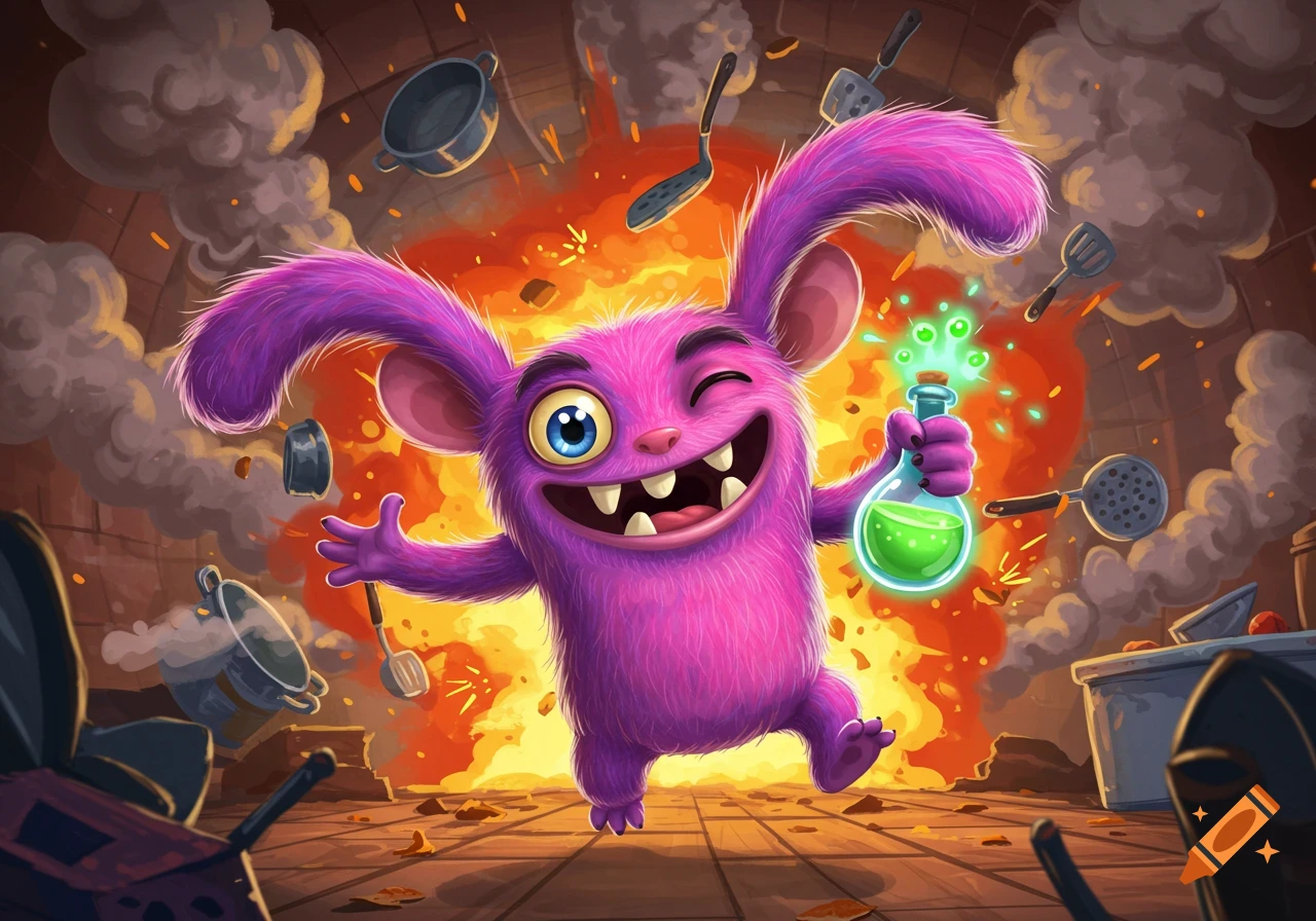 Cartoon purple monster with long ears, crooked teeth, winking, jumping while holding a glowing green potion in an exploding kitchen.