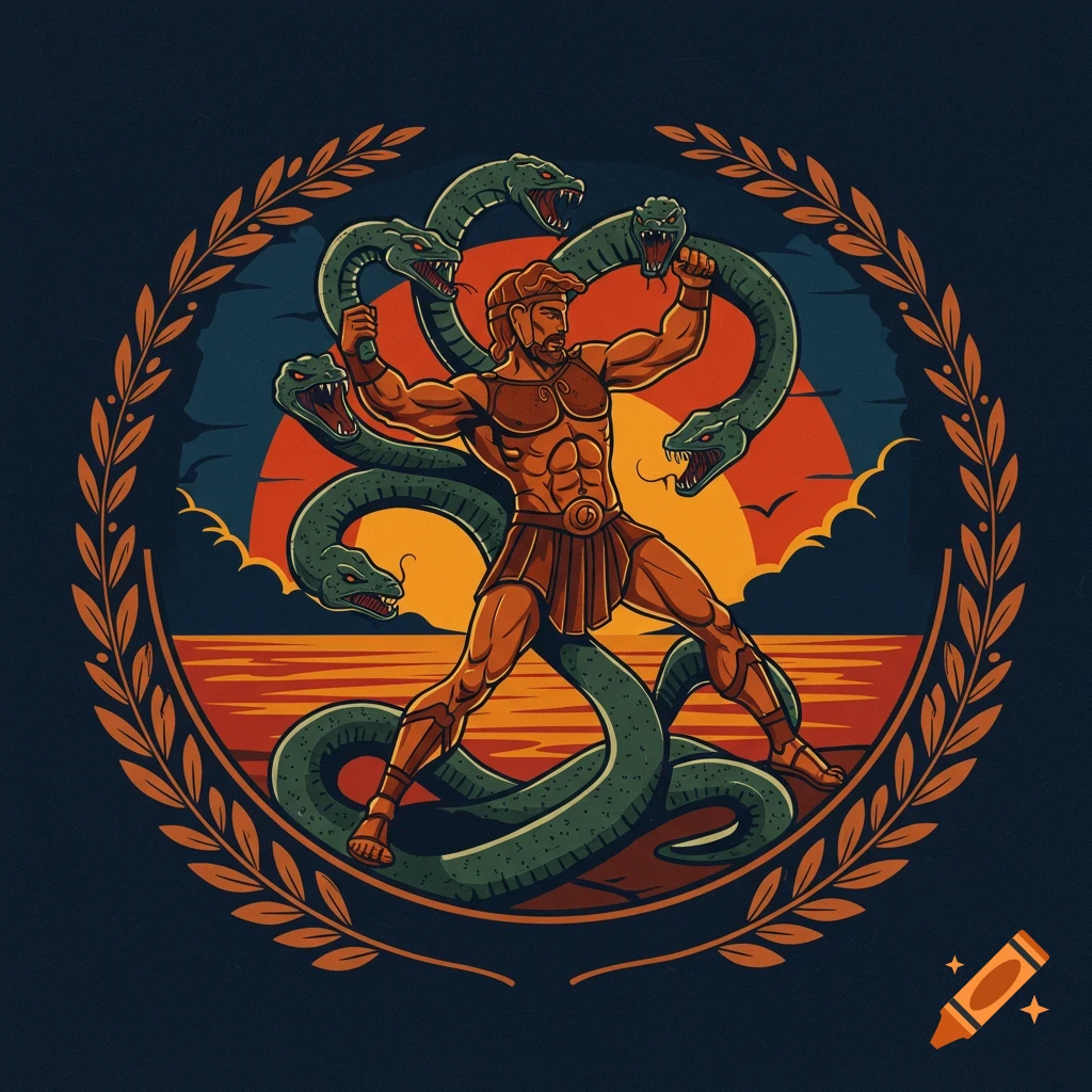 Stylized illustration of Hercules battling the multi-headed Hydra, set against a sunset, framed by a laurel wreath.