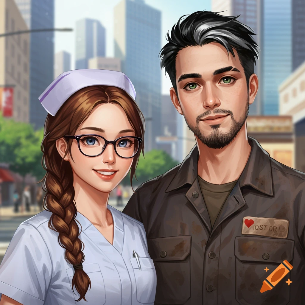 Anime-style portrait of a smiling female nurse and a bearded male mechanic in a city.