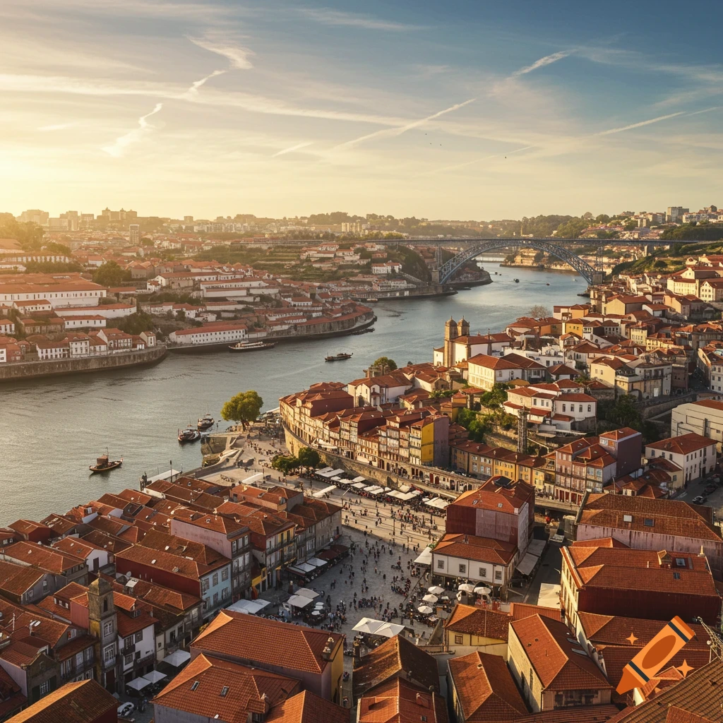 Aerial view of Porto, Portugal, at sunset, showing red-roofed buildings along a river with a bridge in the distance.