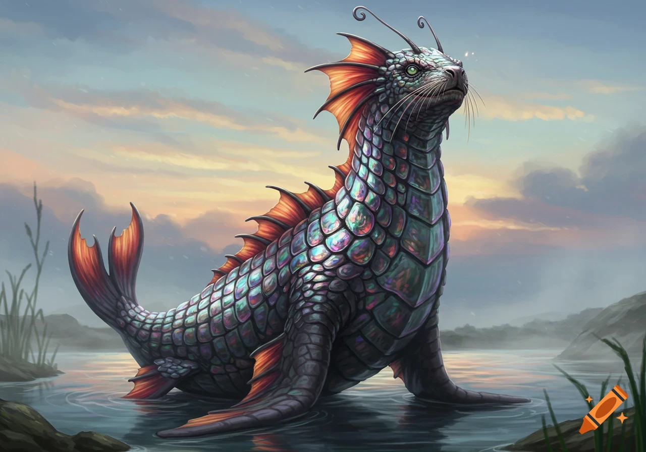 An iridescent, scale-covered, seal-like fantasy creature with fins and antennae, partially submerged in water against a colorful sky.