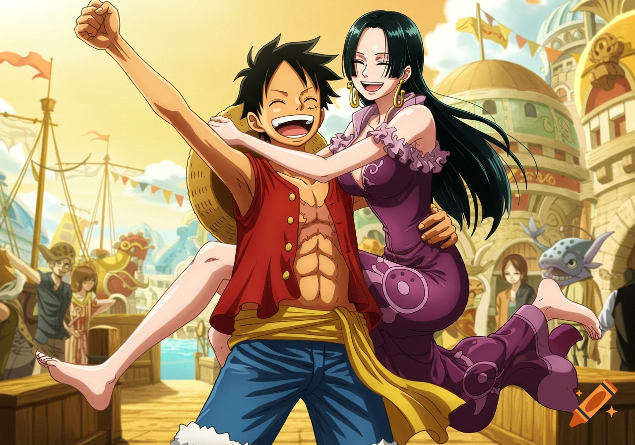 Luffy carries Boa Hancock, both smiling broadly in a vibrant anime town square.