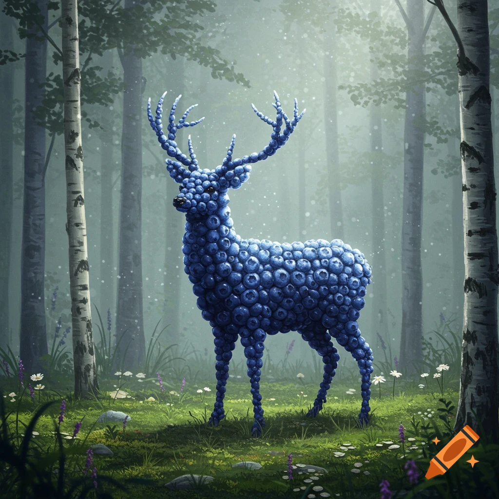 A deer made entirely of blueberries stands in a misty forest clearing with birch trees.