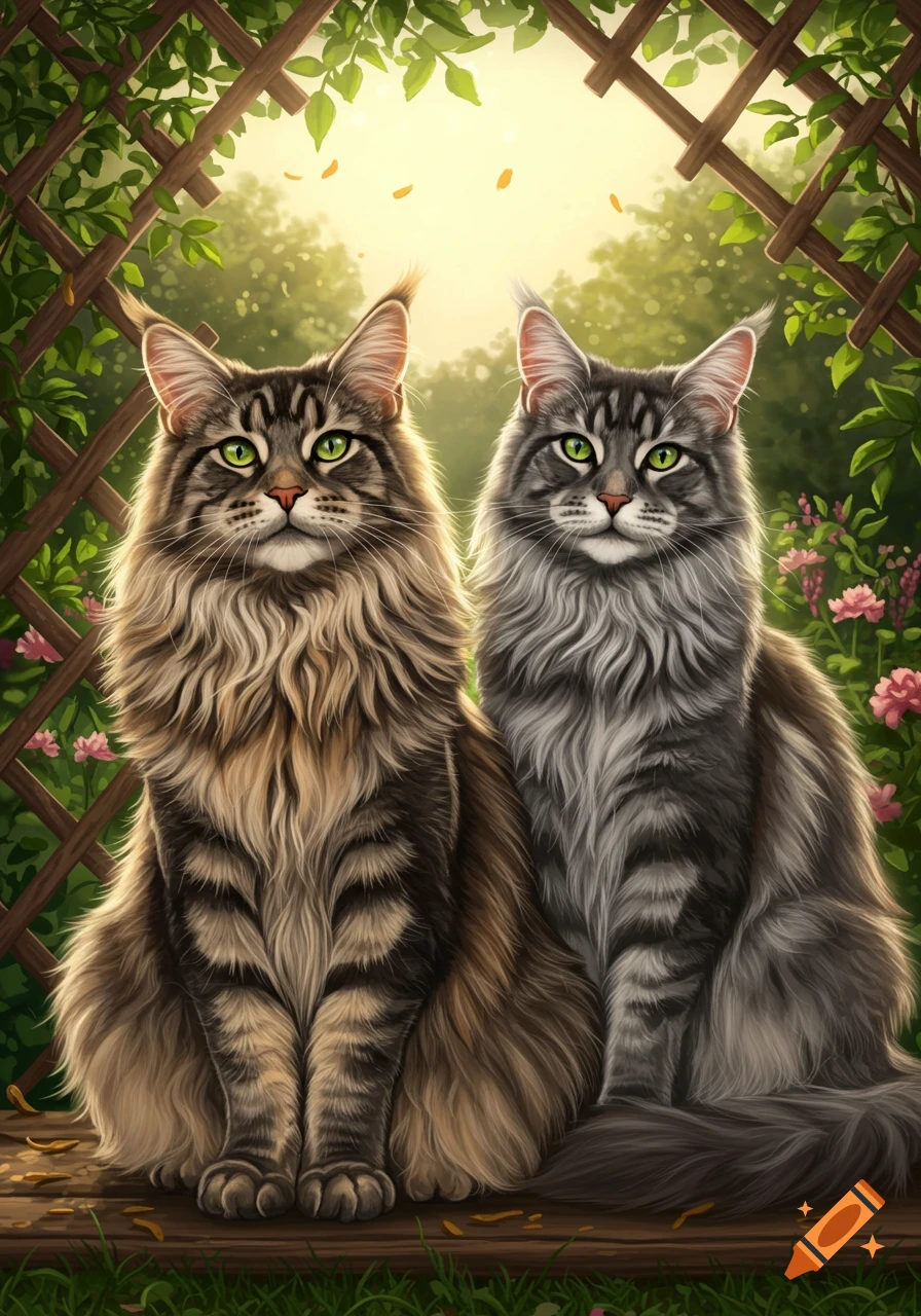 Two photorealistic Maine Coon cats, one brown tabby and one gray tabby, with green eyes, sitting under a green trellis in a sunny garden.