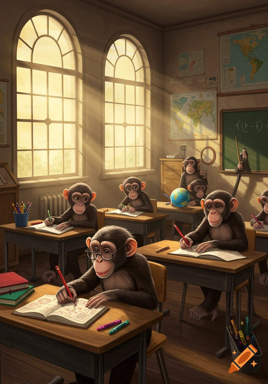 Chimpanzees wearing glasses sit at desks in a sunlit classroom, writing in notebooks with pencils and looking at world maps on the walls.