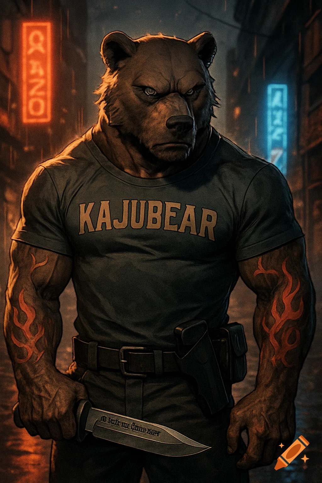A muscular, mean-looking bear-human hybrid in a dark alley, wearing a green "KAJUBEAR" t-shirt, holding a knife, with a pistol holstered. He has flame tattoos and a jaw scar.