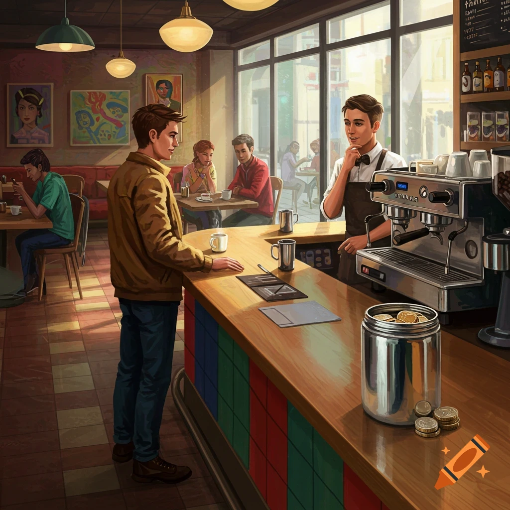 An illustration of a man ordering coffee from a barista in a sunlit coffee shop. Other patrons are seated in the background.