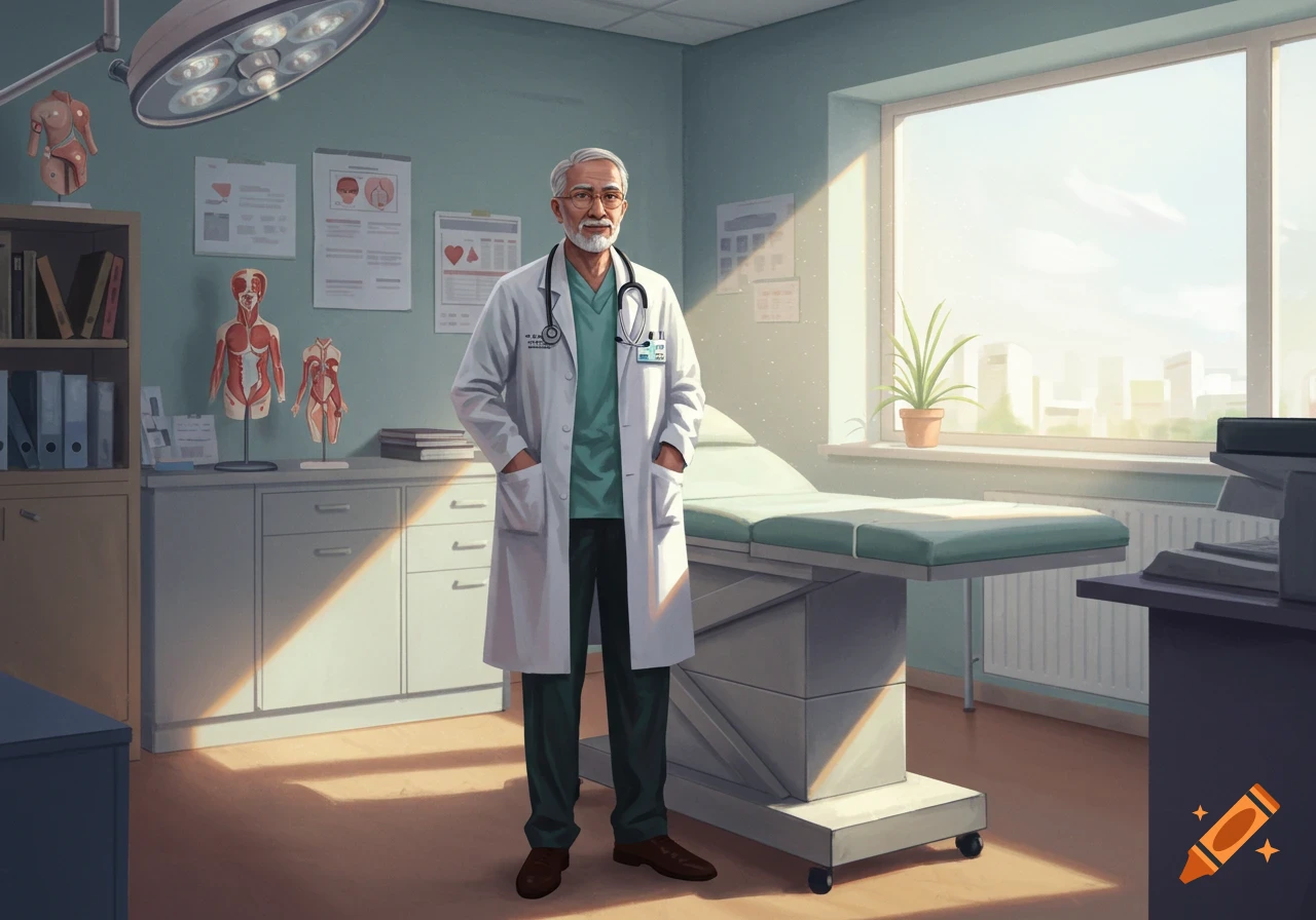 An illustrative image of a distinguished male doctor in a lab coat and stethoscope, standing in a bright medical examination room.