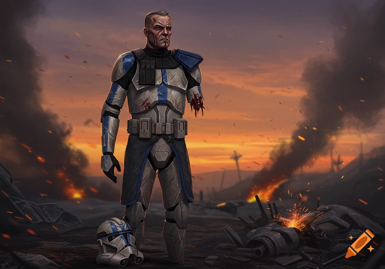A grizzled, one-armed clone trooper in damaged armor stands on a war-torn battlefield at sunset, his helmet at his feet. Stylized.