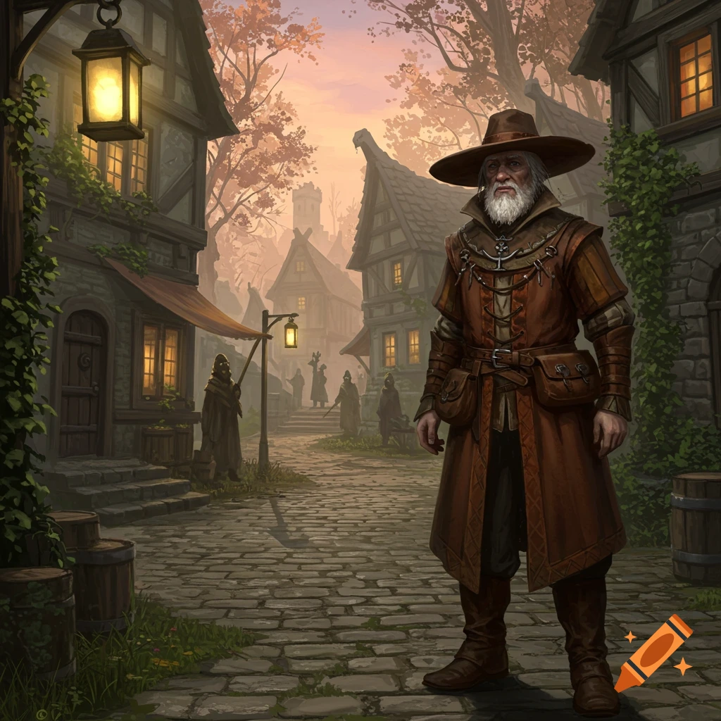 Old bearded man in a brown medieval outfit and wide-brimmed hat stands on a cobblestone street in a fantasy village at sunset.