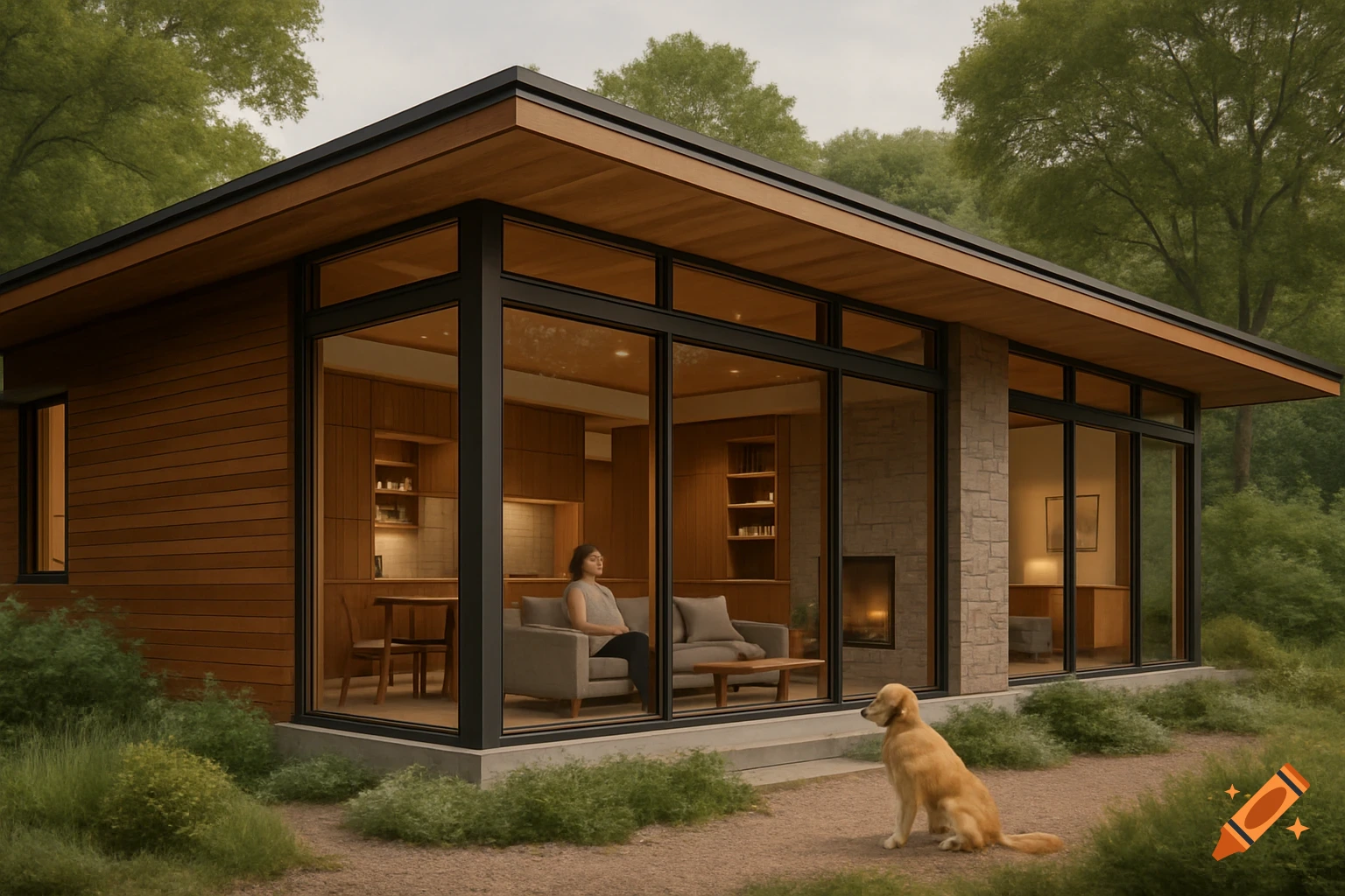A photorealistic modern house with wood and stone walls, a woman relaxing inside, and a golden retriever sitting outside.