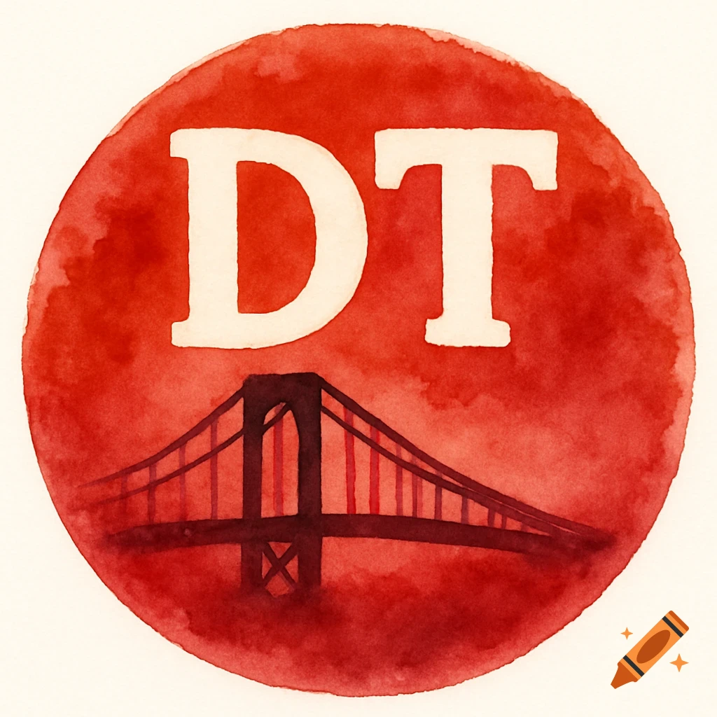 A red watercolor badge with the white letters "DT" and a dark watercolor suspension bridge below them.