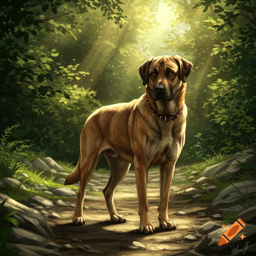 A large brown dog with a spiked collar stands on a sunlit forest path with green trees and dappled light, digital art.
