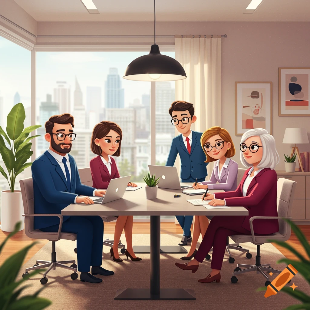 Cartoon illustration of a diverse group of business people in a modern office meeting room, working on laptops and taking notes.