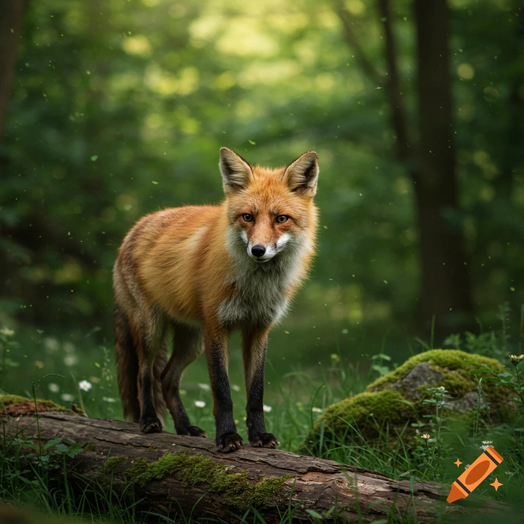A photorealistic red fox stands on a mossy log in a lush green forest, looking directly at the viewer.