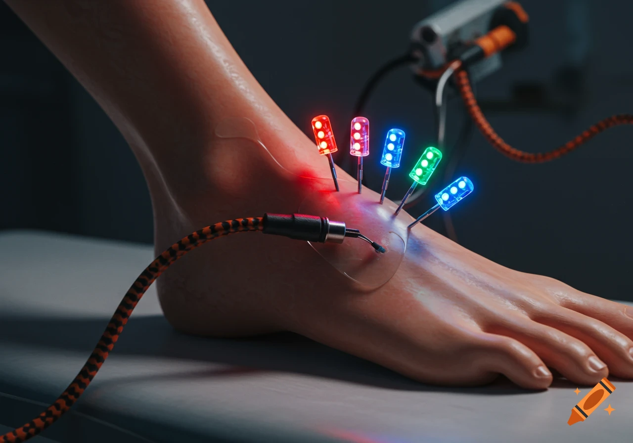 Realistic close-up of a human foot on a medical table, with glowing red, blue, and green LED diodes and cables attached, in a sci-fi style.