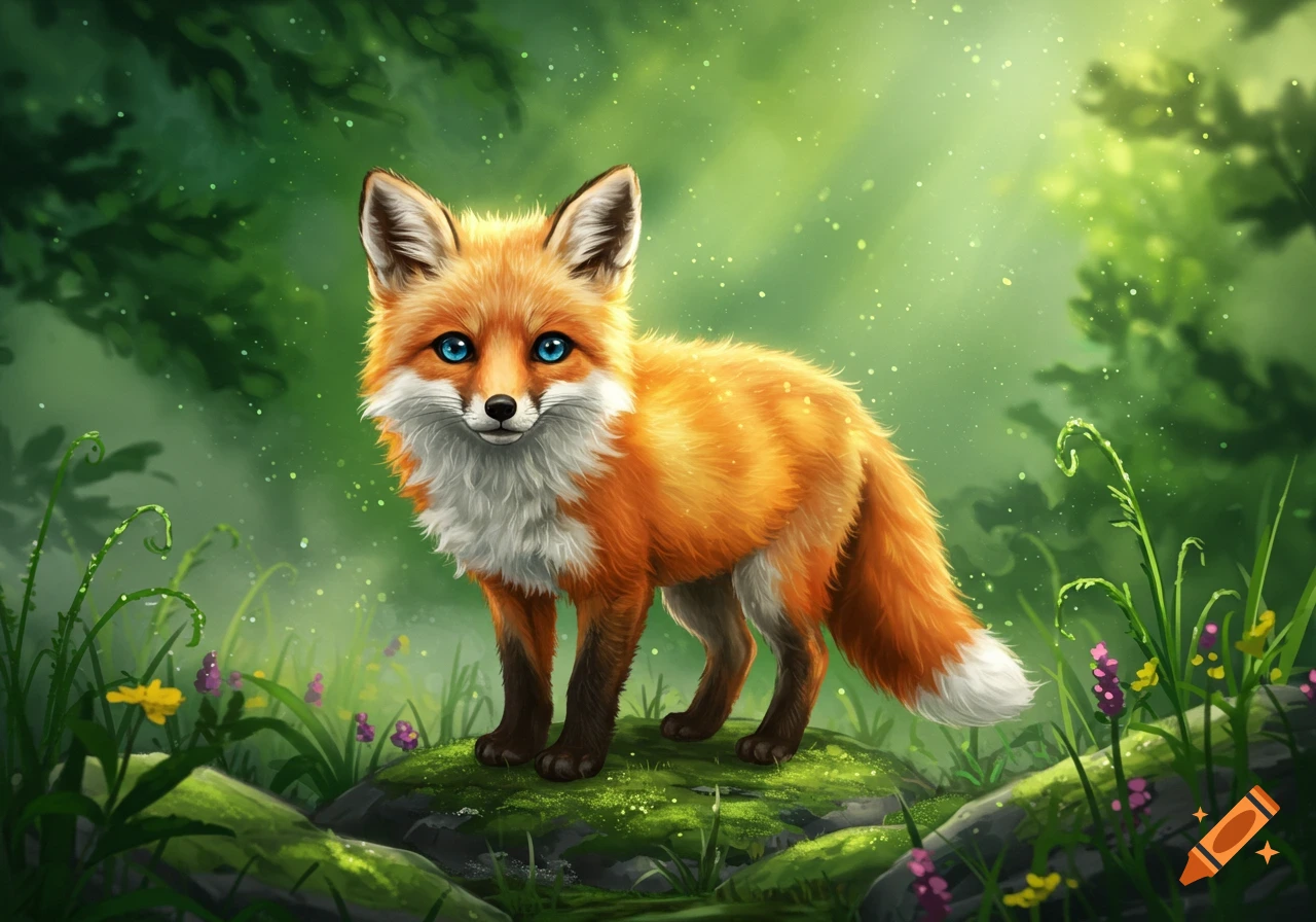 Cute orange fox with bright blue eyes standing on a mossy rock in a glowing green forest.
