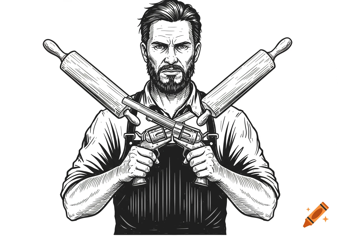 Black and white vintage vector engraving of a bearded man in an apron, holding two crossed revolvers and two crossed rolling pins.