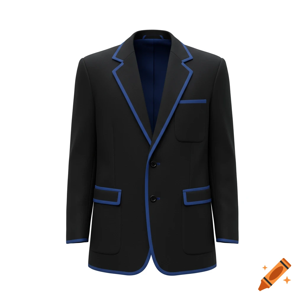 Photorealistic black school blazer with blue piping around the lapels, pockets, and edges, on a plain white background.